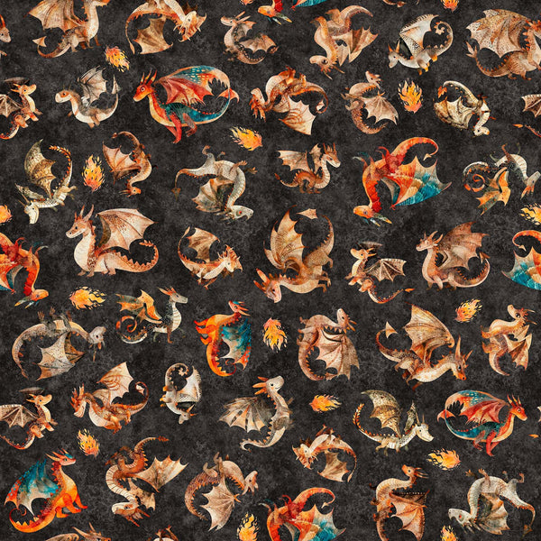 Image of the Dragon Dreams Dragons Charcoal quilting cotton fabric by Dan Morris for QT Fabrics. Features dragons on a black background. Cute Little Fabric Shop