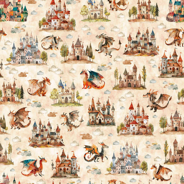 Image of the Dragon Dreams Dragon Dragons & Castles Tan quilting cotton fabric by Dan Morris for QT Fabrics. Features dragons on a tan background. Cute Little Fabric Shop