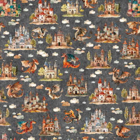 Image of the Dragon Dreams Dragon Dragons & Castles Steel quilting cotton fabric by Dan Morris for QT Fabrics. Features dragons on a gray background. Cute Little Fabric Shop