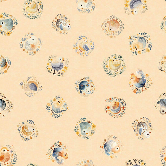 Image of the Poultry in Motion Chicks Tan quilting cotton fabric by QT Fabrics. Features chickens on a tan background. Cute Little Fabric Shop