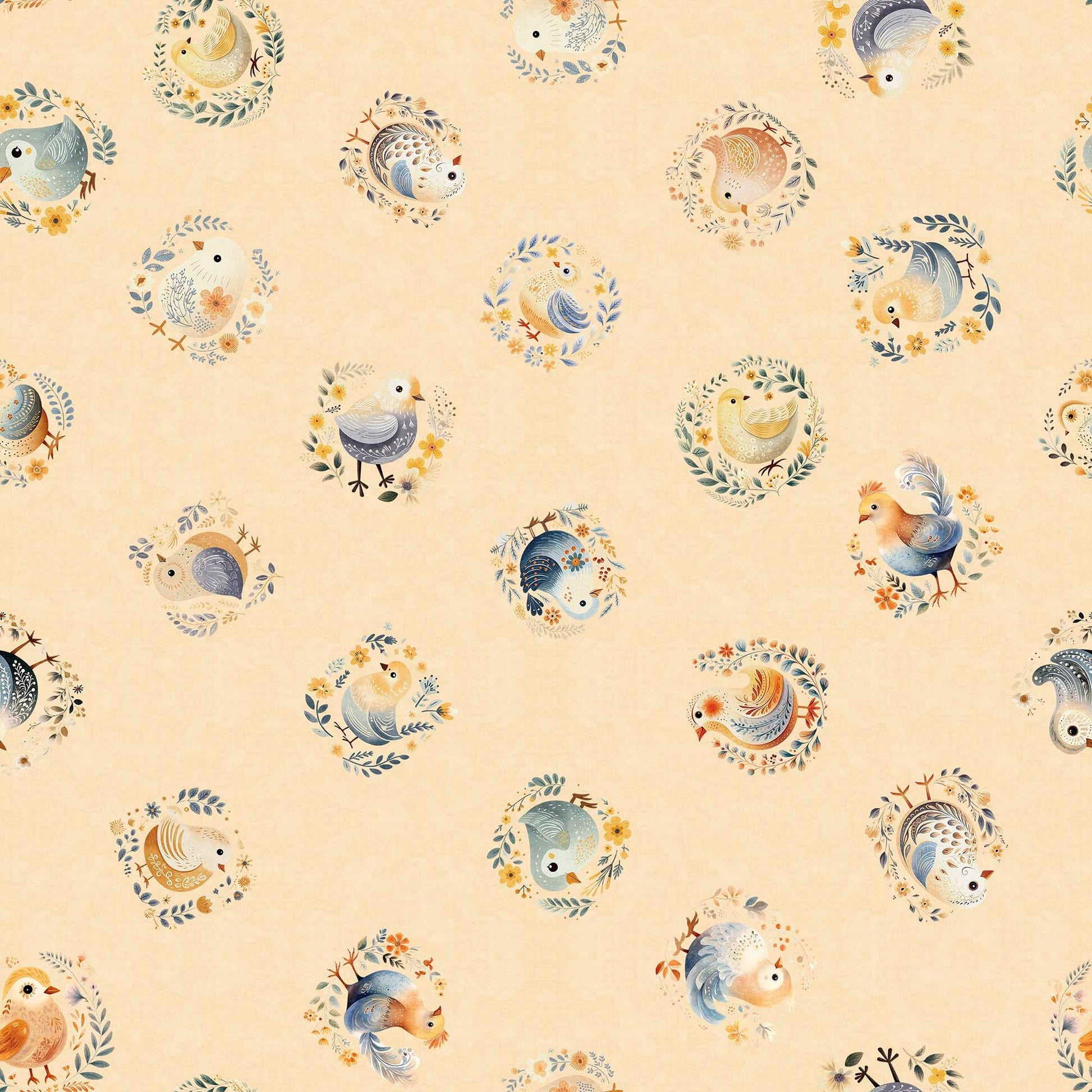 Image of the Poultry in Motion Chicks Tan quilting cotton fabric by QT Fabrics. Features chickens on a tan background. Cute Little Fabric Shop