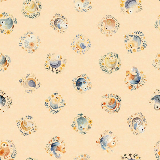 Image of the Poultry in Motion Chicks Tan quilting cotton fabric by QT Fabrics. Features chickens on a tan background. Cute Little Fabric Shop