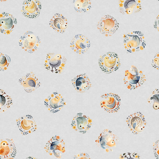 Image of the Poultry in Motion Chicks Gray quilting cotton fabric by QT Fabrics. Features chickens on a gray background. Cute Little Fabric Shop