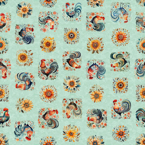 Image of the Poultry in Motion Roosters and Sunflowers Sage quilting cotton fabric by QT Fabrics. Features chickens on a green background. Cute Little Fabric Shop