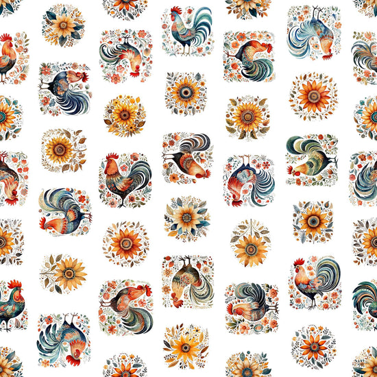 Image of the Poultry in Motion Roosters and Sunflowers White quilting cotton fabric by QT Fabrics. Features chickens on a white background. Cute Little Fabric Shop