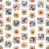Image of the Poultry in Motion Roosters and Sunflowers White quilting cotton fabric by QT Fabrics. Features chickens on a white background. Cute Little Fabric Shop