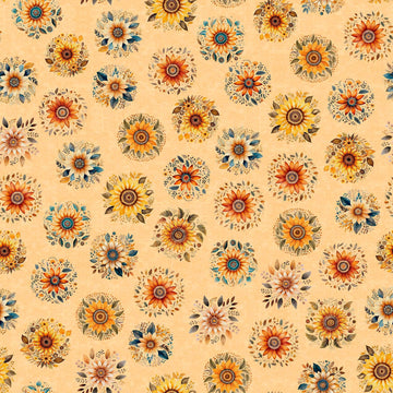 Image of the Poultry in Motion Sunflowers Peach quilting cotton fabric by QT Fabrics. Features flowers on a yellow background. Cute Little Fabric Shop