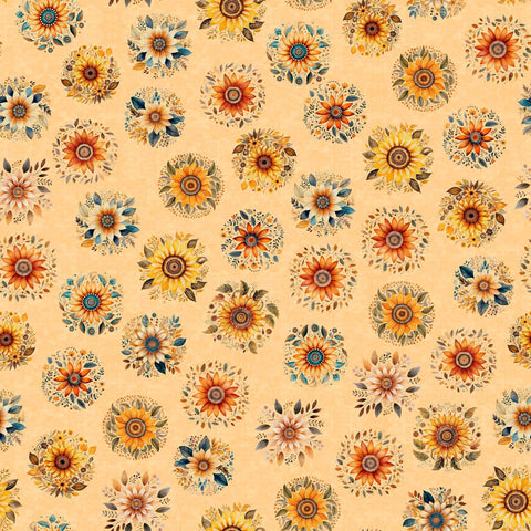 Image of the Poultry in Motion Sunflowers Peach quilting cotton fabric by QT Fabrics. Features flowers on a yellow background. Cute Little Fabric Shop