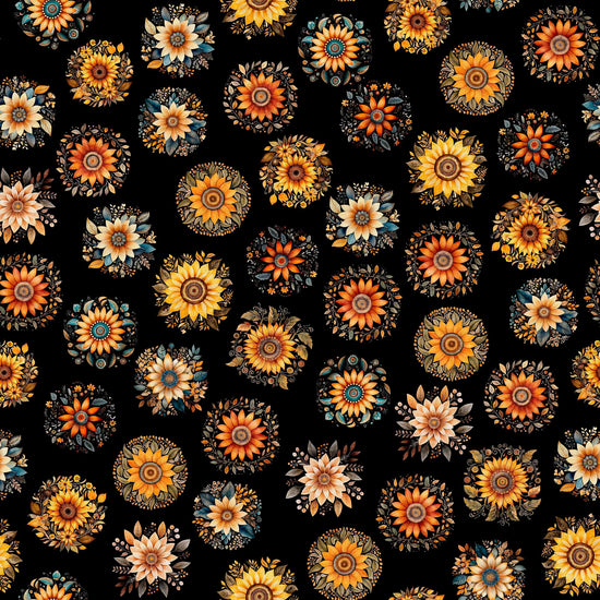 Image of the Poultry in Motion Sunflowers Black quilting cotton fabric by QT Fabrics. Features flowers on a black background. Cute Little Fabric Shop