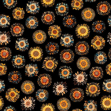 Image of the Poultry in Motion Sunflowers Black quilting cotton fabric by QT Fabrics. Features flowers on a black background. Cute Little Fabric Shop
