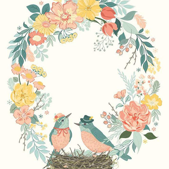 Image of the New Beginnings Panel
 quilting cotton fabric by Sandy Gervais for Riley Blake Designs. Features birds in a nest on a cream background.
Cute Little Fabric Shop