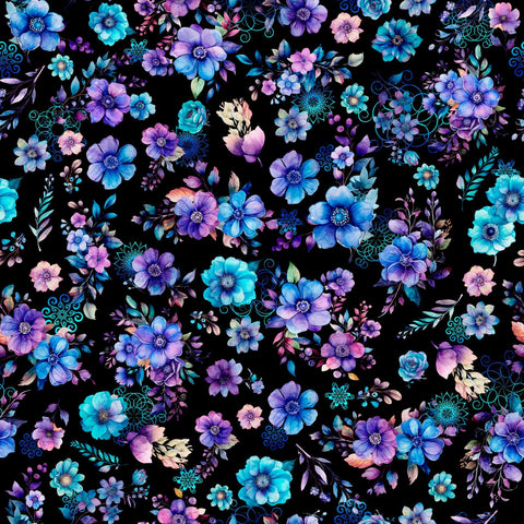 Image of the Fantasia Floral Toss Black quilting cotton fabric by QT Fabrics. Features flowers on a black background. Cute Little Fabric Shop