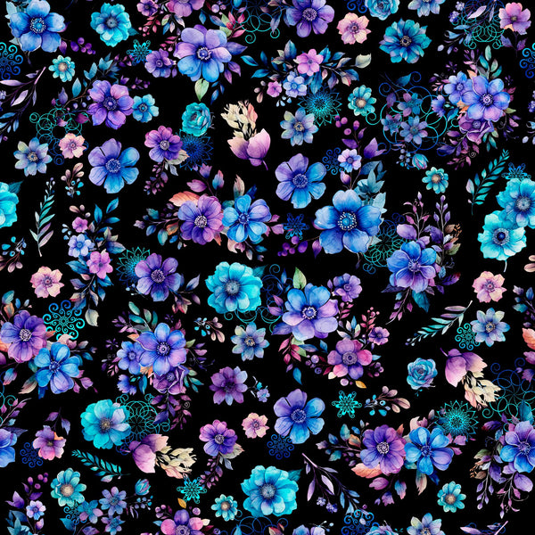 Image of the Fantasia Floral Toss Black quilting cotton fabric by QT Fabrics. Features flowers on a black background. Cute Little Fabric Shop