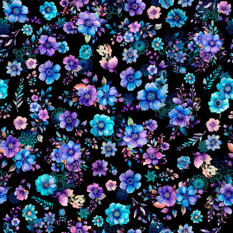 Image of the Fantasia Floral Toss Black quilting cotton fabric by QT Fabrics. Features flowers on a black background. Cute Little Fabric Shop