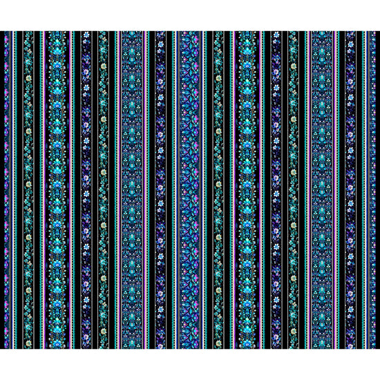 Image of the Fantasia Floral Border Stripe Black quilting cotton fabric by QT Fabrics. Features flowers on a black background. Cute Little Fabric Shop