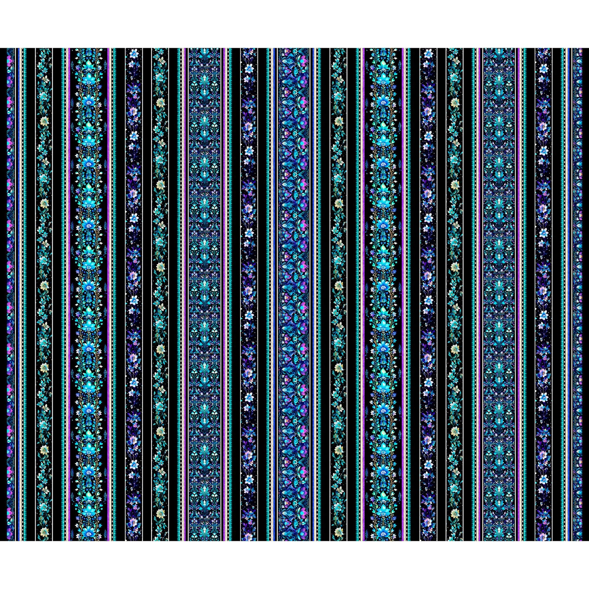 Image of the Fantasia Floral Border Stripe Black quilting cotton fabric by QT Fabrics. Features flowers on a black background. Cute Little Fabric Shop