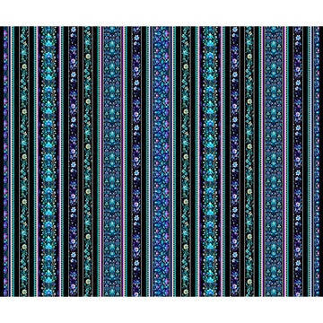 Image of the Fantasia Floral Border Stripe Black quilting cotton fabric by QT Fabrics. Features flowers on a black background. Cute Little Fabric Shop