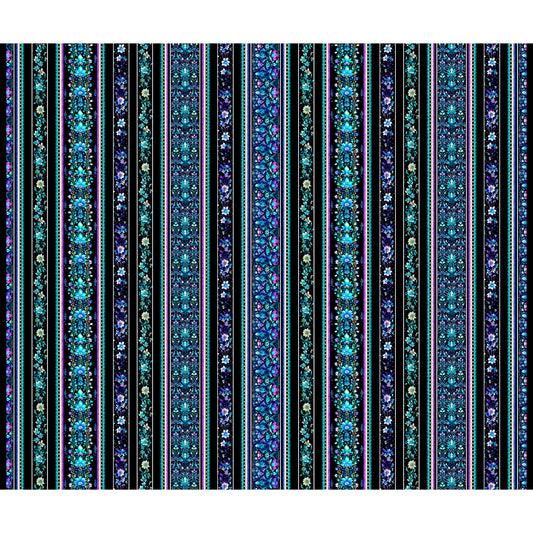 Image of the Fantasia Floral Border Stripe Black quilting cotton fabric by QT Fabrics. Features flowers on a black background. Cute Little Fabric Shop