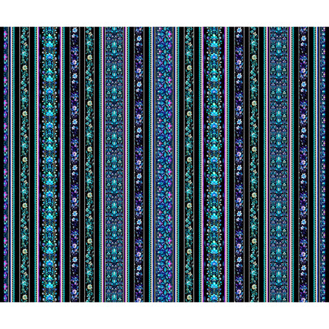Image of the Fantasia Floral Border Stripe Black quilting cotton fabric by QT Fabrics. Features flowers on a black background. Cute Little Fabric Shop