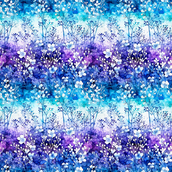 Image of the Fantasia Floral Ombre Multi quilting cotton fabric by QT Fabrics. Features flowers on a blue background. Cute Little Fabric Shop
