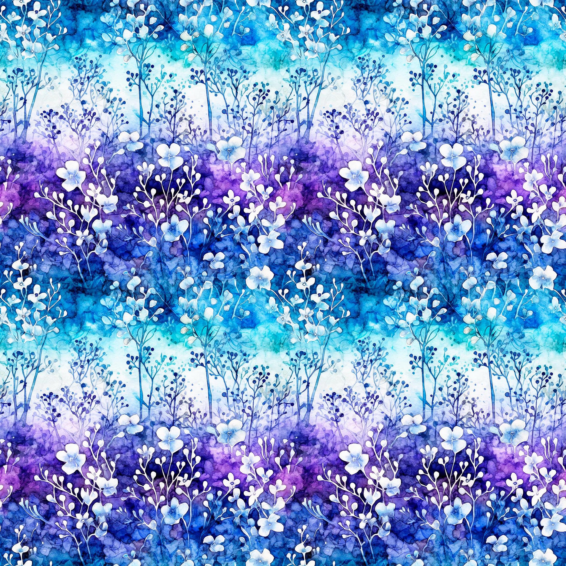 Image of the Fantasia Floral Ombre Multi quilting cotton fabric by QT Fabrics. Features flowers on a blue background. Cute Little Fabric Shop
