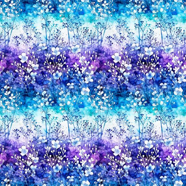 Image of the Fantasia Floral Ombre Multi quilting cotton fabric by QT Fabrics. Features flowers on a blue background. Cute Little Fabric Shop