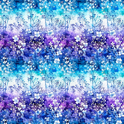 Image of the Fantasia Floral Ombre Multi quilting cotton fabric by QT Fabrics. Features flowers on a blue background. Cute Little Fabric Shop