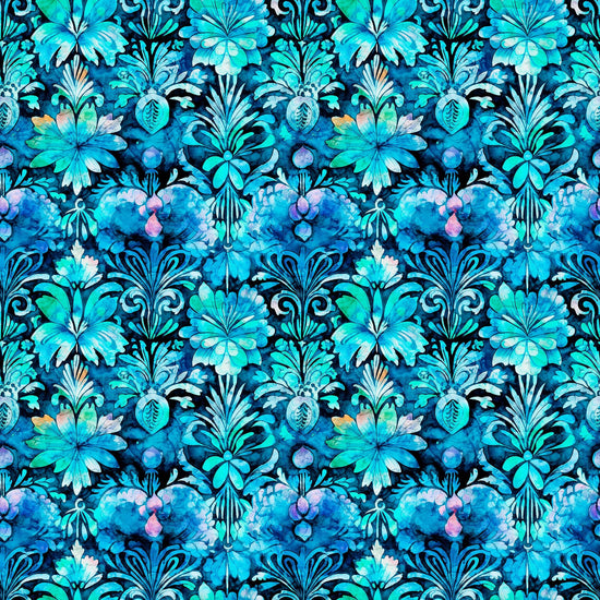 Image of the Fantasia Decorative Floral Turquoise quilting cotton fabric by QT Fabrics. Features flowers on a blue background. Cute Little Fabric Shop