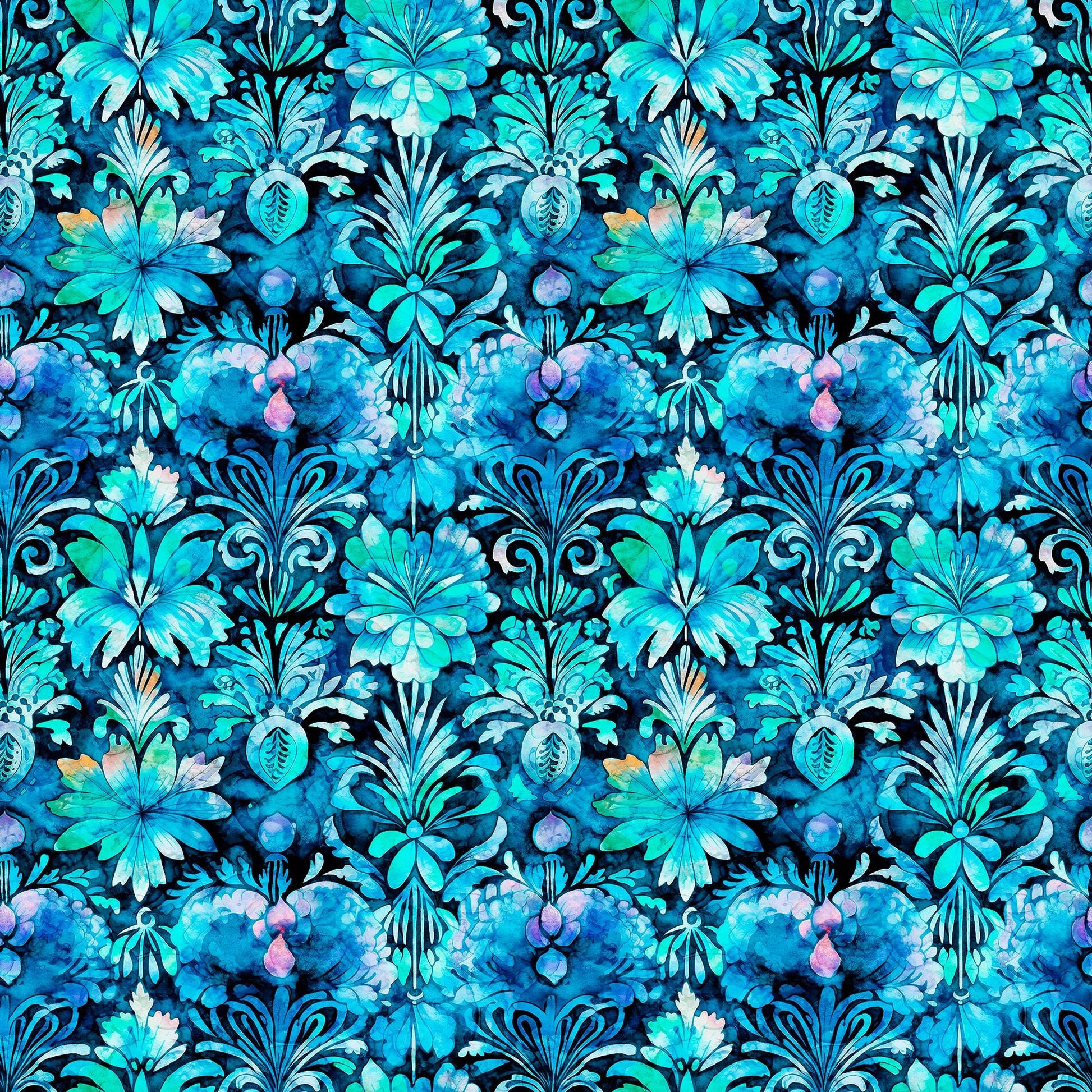 Image of the Fantasia Decorative Floral Turquoise quilting cotton fabric by QT Fabrics. Features flowers on a blue background. Cute Little Fabric Shop