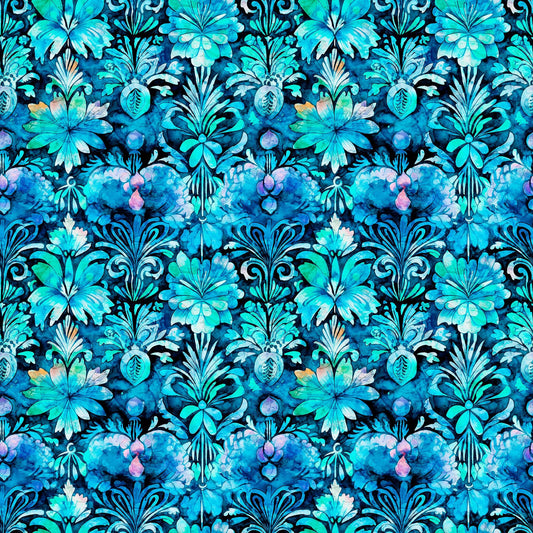 Image of the Fantasia Decorative Floral Turquoise quilting cotton fabric by QT Fabrics. Features flowers on a blue background. Cute Little Fabric Shop