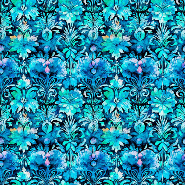 Image of the Fantasia Decorative Floral Turquoise quilting cotton fabric by QT Fabrics. Features flowers on a blue background. Cute Little Fabric Shop