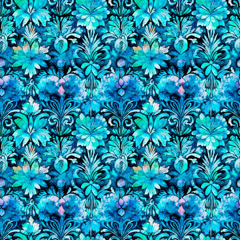 Image of the Fantasia Decorative Floral Turquoise quilting cotton fabric by QT Fabrics. Features flowers on a blue background. Cute Little Fabric Shop