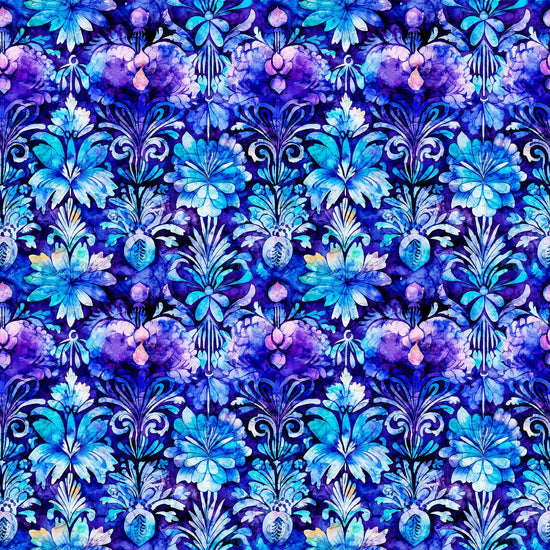 Image of the Fantasia Decorative Floral Purple quilting cotton fabric by QT Fabrics. Features flowers on a purple background. Cute Little Fabric Shop