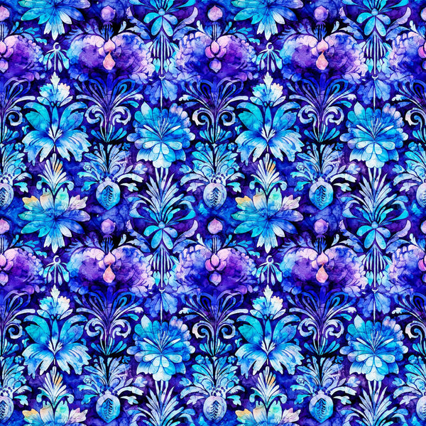 Image of the Fantasia Decorative Floral Purple quilting cotton fabric by QT Fabrics. Features flowers on a purple background. Cute Little Fabric Shop