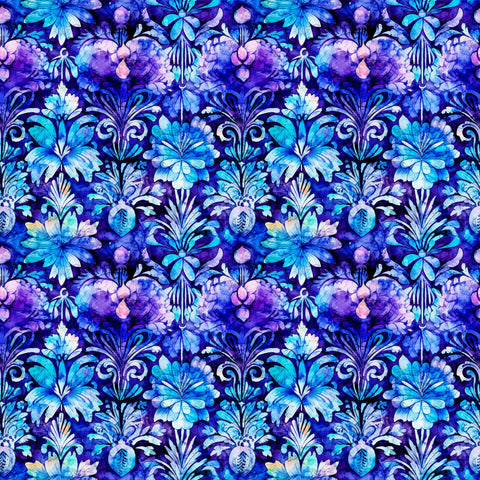 Image of the Fantasia Decorative Floral Purple quilting cotton fabric by QT Fabrics. Features flowers on a purple background. Cute Little Fabric Shop