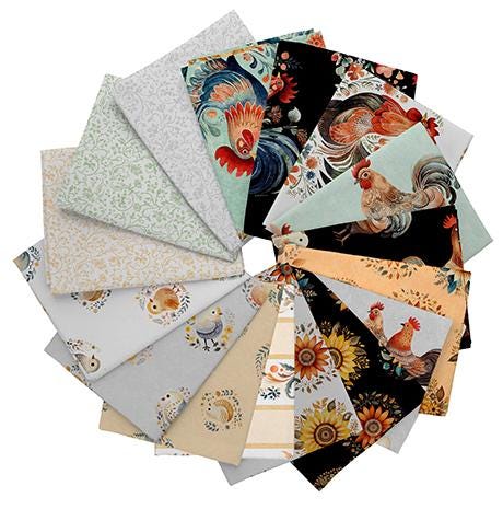 Image of the Poultry in Motion fat quarter bundle by QT Fabrics. Features chicken themed fabrics. 
Cute Little Fabric Shop