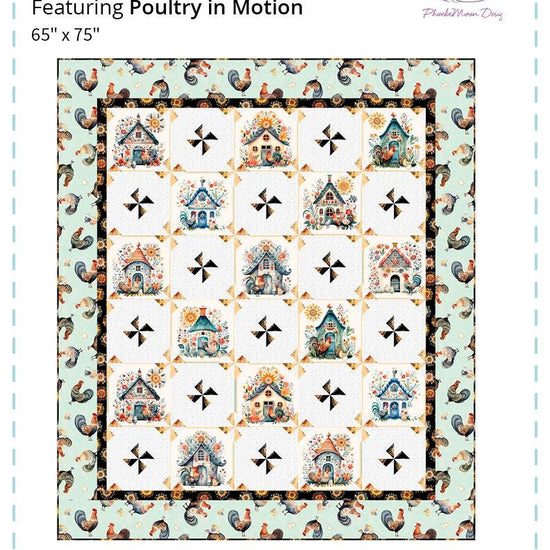 Image of the Poultry and Pinwheels Quilt pattern by PheobeMoon Designs for QT Fabrics. Features coops and chickens on a pinwheel quilt. 
Cute Little Fabric Shop
