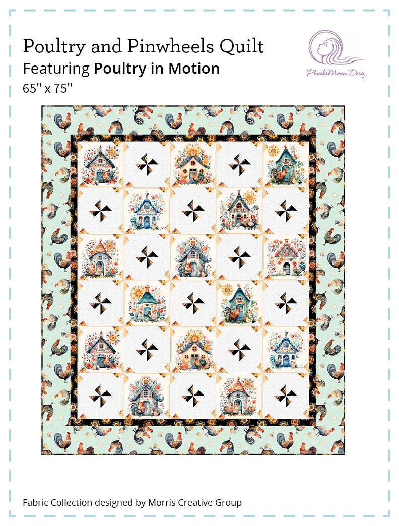 Image of the Poultry and Pinwheels Quilt pattern by PheobeMoon Designs for QT Fabrics. Features coops and chickens on a pinwheel quilt. 
Cute Little Fabric Shop