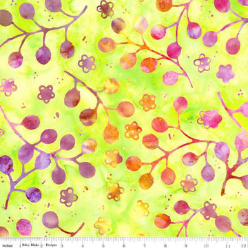 Image of the Expressions Batiks Sassy and Tweet Limeade quilting cotton fabric. Features an abstract design on a yellow background. Cute Little Fabric Shop