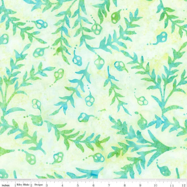 Image of the Expressions Batiks Sassy and Tweet Adriatic Mist quilting cotton fabric. Features an abstract design on a green background. Cute Little Fabric Shop