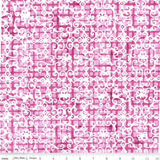 Image of the Expressions Batiks Sassy and Tweet Rizzmic Berry quilting cotton fabric. Features an abstract design on a pink background. Cute Little Fabric Shop