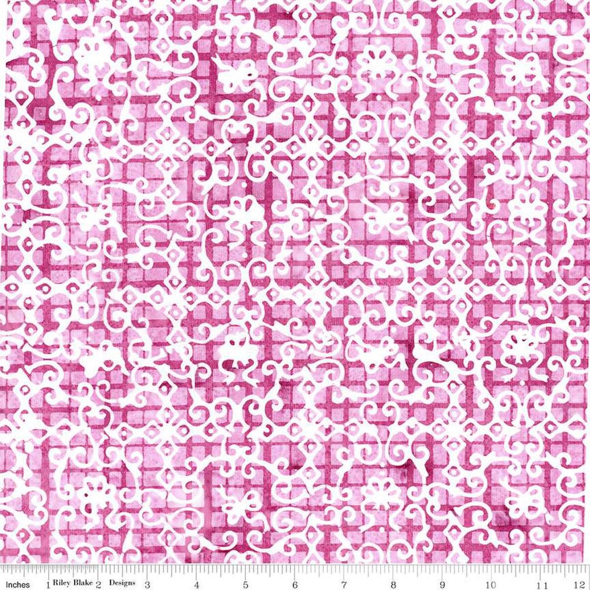 Image of the Expressions Batiks Sassy and Tweet Rizzmic Berry quilting cotton fabric. Features an abstract design on a pink background. Cute Little Fabric Shop