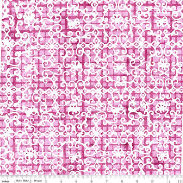 Image of the Expressions Batiks Sassy and Tweet Rizzmic Berry quilting cotton fabric. Features an abstract design on a pink background. Cute Little Fabric Shop
