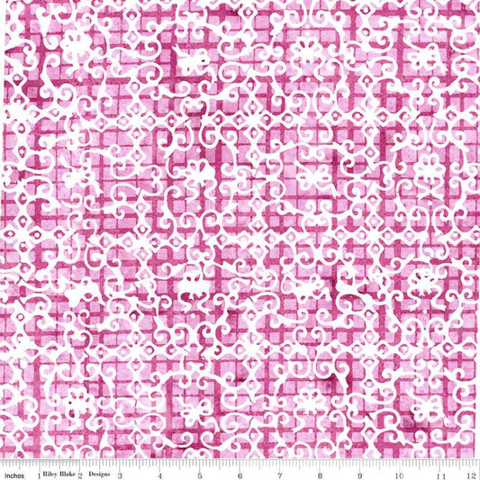 Image of the Expressions Batiks Sassy and Tweet Rizzmic Berry quilting cotton fabric. Features an abstract design on a pink background. Cute Little Fabric Shop