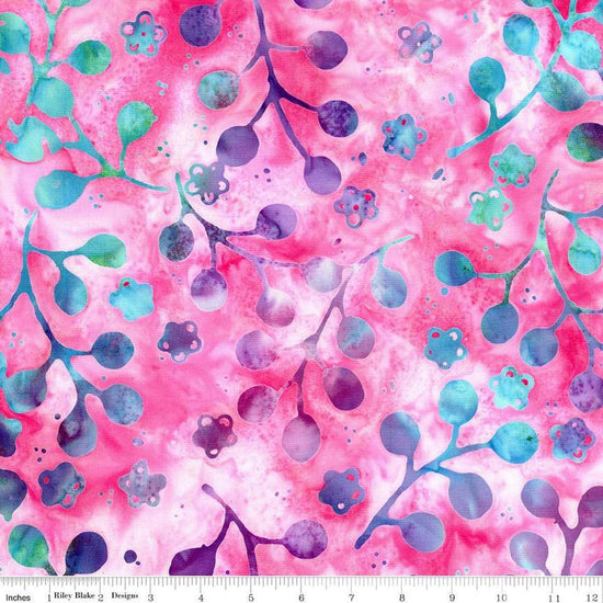Image of the Expressions Batiks Sassy and Tweet Prismatic Bliss quilting cotton fabric. Features an abstract design on a pink background. Cute Little Fabric Shop