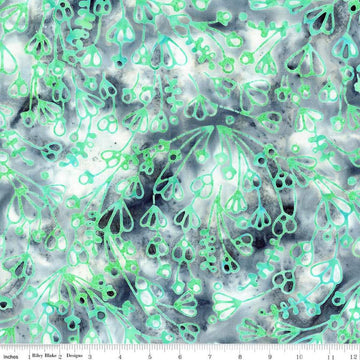 Image of the Expressions Batiks Sassy and Tweet Powdered Pearl quilting cotton fabric. Features an abstract design on a teal background. Cute Little Fabric Shop