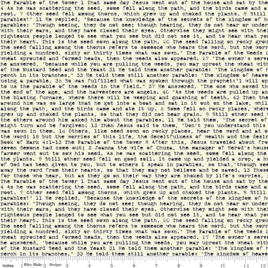Image of the Sewing Seeds III Seed Sower Parchment quilting cotton fabric by Lori Holt for Riley Blake Designs. Features words on a white background. Cute Little Fabric Shop
