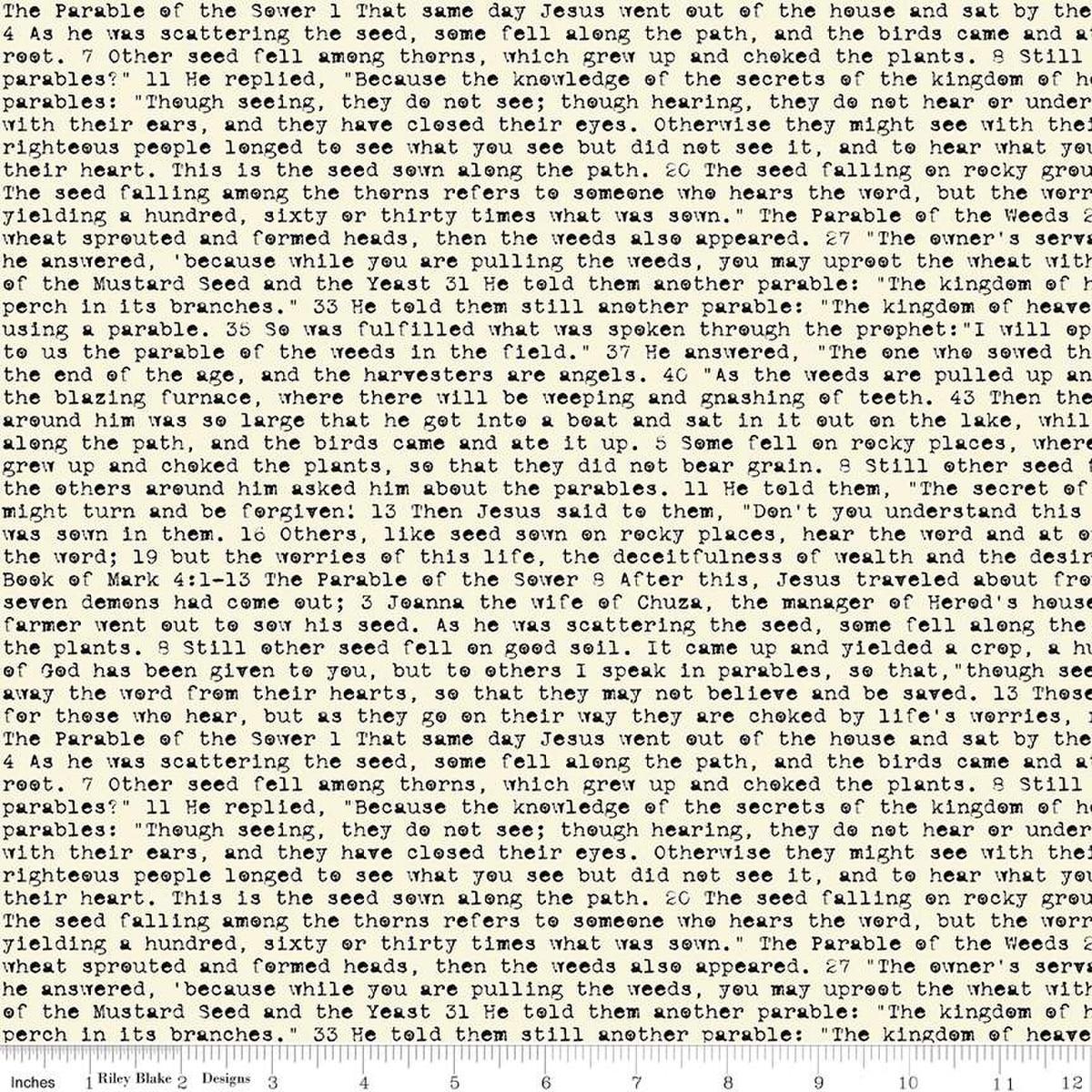 Image of the Sewing Seeds III Seed Sower Parchment quilting cotton fabric by Lori Holt for Riley Blake Designs. Features words on a white background. Cute Little Fabric Shop
