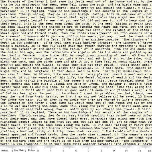 Image of the Sewing Seeds III Seed Sower Parchment quilting cotton fabric by Lori Holt for Riley Blake Designs. Features words on a white background. Cute Little Fabric Shop