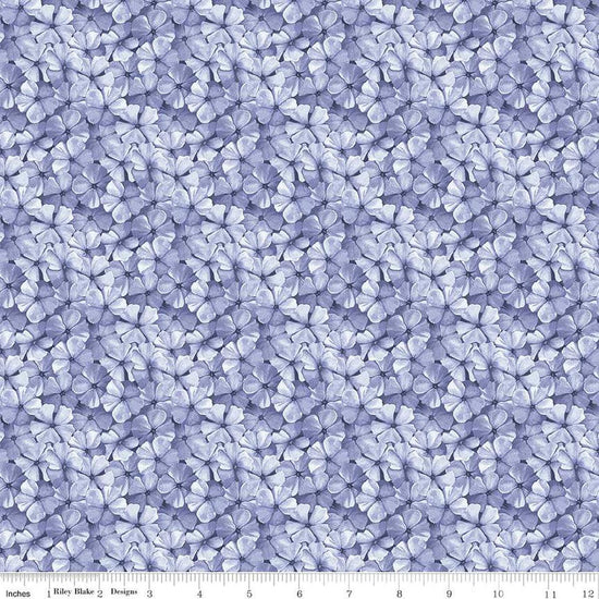Image of the Sewing Seeds III Phlox Petals Periwinkle quilting cotton fabric by Lori Holt for Riley Blake Designs. Features flowers on a purple background. Cute Little Fabric Shop